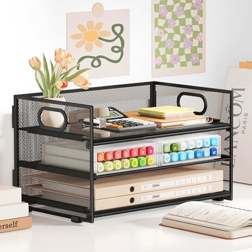 Subekyu 3 Tier Paper Letter Tray Organizer for Desk, Black Metal Mesh Desk File Folder Sorter Organizer with Handle and Sliding Tray for Home, Office, School Supplies Organization Storage - color: Black, size: 12.6" x 9.1" x 8.1"