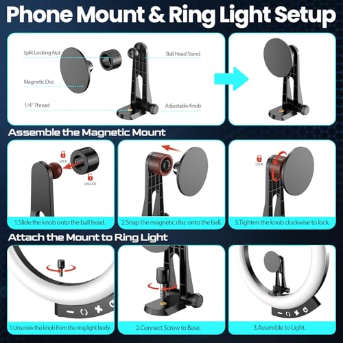 UBeesize 12'' LED Ring Light with 62'' Tripod Stand and Magnetic Phone Holder, Selfie Ring Light for Video Recording, Live Streaming, Compatible with iPhone & Android (Black) - color: Black Magnetic, size: 12-in