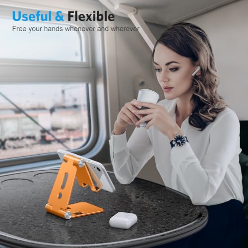 OMOTON Foldable Cell Phone Stand, C4 Portable Aluminum Phone Holder, Adjustable Phone Dock Cradle Compatible with iPhone 17/16/15 Pro Max Air, Samsung Galaxy, Small Tablets, Smart Phones, Orange - color: Orange