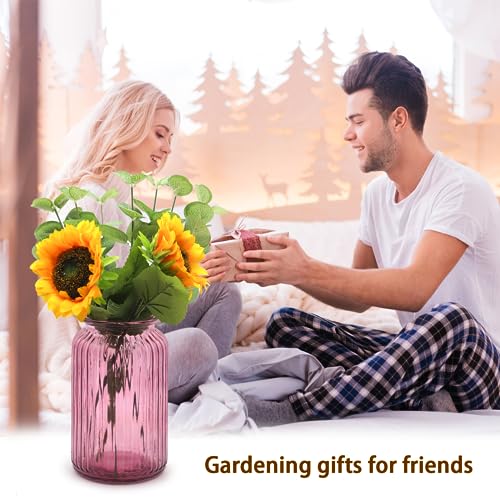 OFFIDIX Glass Vase,7.3 * 4.3in Vertical Line Geometric Faceted Design Flower Vase - color: Wine Red
