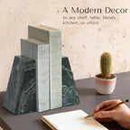Modern Wedge Marble Bookends – Hand Carved, Polished Stone Bookends w/Non-Slip Rubber Pads – Lightweight & Compact Decorative Bookends (Green) - color: Green