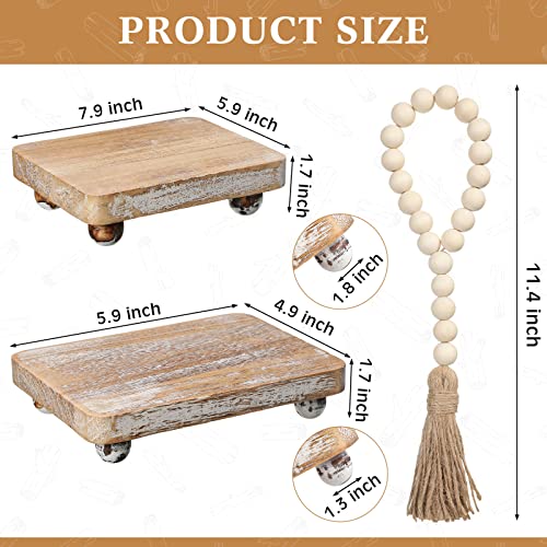 Capoda 3 Pcs Wood Risers for Decor Mini Wooden Pedestal Stands with Wood Bead Garland Farmhouse Vintage Rustic Decor Risers Stackable Kitchen Stand Tray for Home Bathroom Coffee Bar Table