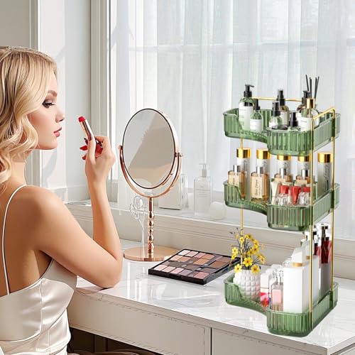 GTI 3-Tier Corner Bathroom Counter Organizer, Large Capacity Makeup Organizer Countertop, Perfume Cosmetics Skincare Vanity Organizers, Exquisite Countertop Storage for Women (Green) - color: Green, size: 10" x 10" x 17.5"