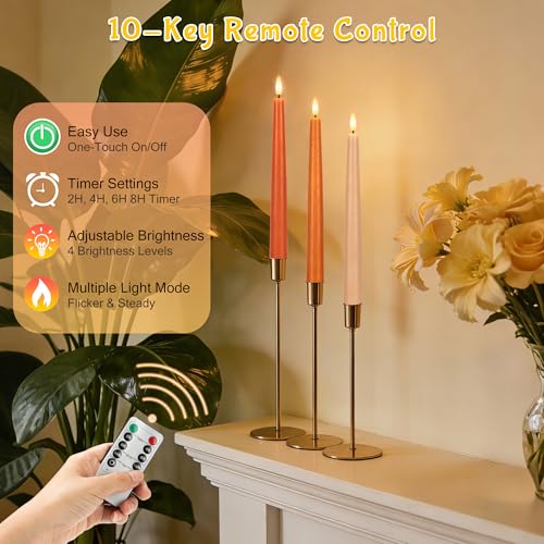 Flameless Taper Candles with Remote, 9.6" Battery Operated Flickering LED Candlesticks, Real Wax Warm Earth Tone Taper Candles for Wedding Centerpieces, Dinner Table, Mantel, Window, 3 Pack - color: Gradient Orange