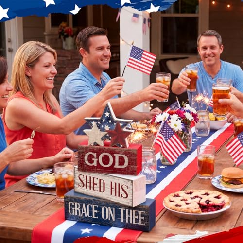 CroBlissful 4 Pcs 4th of July Decorations Patriotic Memorial Day Tabletop Decorations Red White Blue Table Centerpieces Sign for Office Tiered Tray Home Shelf 250th Anniversary(God) - style: God