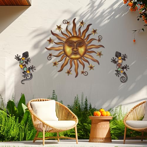 LIFFY 24" Sun Metal Wall Art Outdoor Decor - 3D Sun Face Metal Wall Sculpture - Hanging Decoration Gift Ideal for Home Accent, Bedroom, Garden, Patio, Farmhouse - Lively and Vibrant - color: Sun and Star