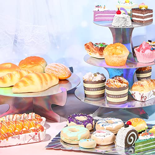 Zopeal 7 Pcs Dessert Table Display Set 3-Tier Cupcake Stand 1-Tier Cup Cake Display Tower Platters and Serving Trays Cardboard Cake Cookie Holders for Wedding Birthday Party Baby Shower(Laser Silver) - color: Laser Silver