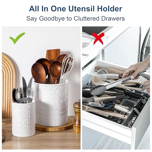 LOVECASA Utensil Holder, 7.2"+5.4" Ceramic Utensil Holder for Countertop, Large Cooking Utensil Crocks for Kitchen Counter, Farmhouse Utensil Vase for Housewarming, Kitchen Decor, Set of 2, Snow - color: Snow, size: 7.2"+5.4" (Set of 2)