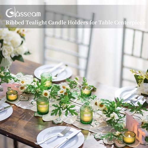 Glass Votive Tealight Candle Holder: Glasseam Small Green Tea Light Holders Set of 8 Decorative Ribbed Tea Lights Holder for Table Centerpiece Wedding Christmas Dining Room Decor - color: Green