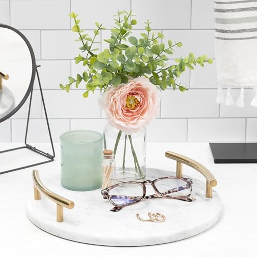White Marble Tray with Gold Handles - Elegant Solid Marble - Chic Modern Elegant Round Vanity Tray for Bathroom - size: Round 12"