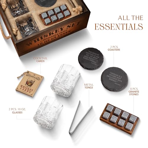 Mixology & Craft Whiskey Gift Set, Whiskey Glass Set with Rustic Wooden Crate, 8 Granite Whiskey Rocks Chilling Stones, 10oz Glasses, Raffle Gift for Men, Dad, Husband, Boyfriend - Jameson Dark Brown - size: Dark Crate