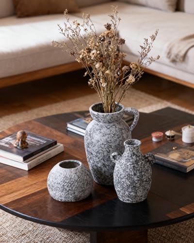 Stone Vase Home Table Decor, Black Ceramic Modern Rustic Farmhouse Vase Set of 3 Centerpiece for Shelf Bedroom Bathroom Desk - color: 16 Black & White