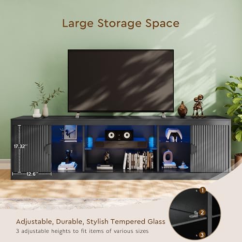 LGHM 70'' Black TV Stand with Lighting, Stylish Modern Entertainment Center with Slip Doors for TVs Up to 80”, Media Console for Living Room - size: 22''H TV Stand