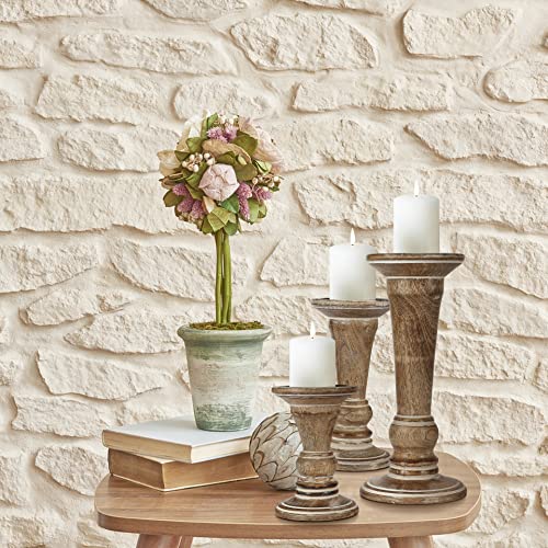 Hand Crafted Decorative Wooden Pillar Candle Holder Stand Siren Shape, Rounded Turned Colums, Country Style Ideal for Gift, Wedding, Christmas, Party, Home, Spa - 10,8,6 Inch Set of 3 - White Wash - color: White Wash, size: 10,8,6 Inch Set of 3 - Siren