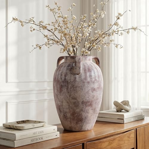 Flower Vase, 8.86 inch Tall Ceramic Vase with 3 Handles Vintage Terracotta Rustic Unique Vase for Bouquet Pottery Barn Decor Large Vases for Decor Livingroom Bathroom Modern Farmhouse(Terra) - color: B-8.86"h-terra