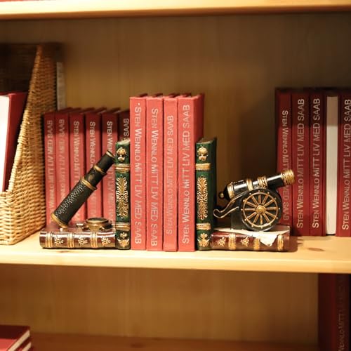Brown Nostalgic Nautical Bookend Telescope Book Supports Anti-Slip Base Resin (Set of 2) Book Ends to Hold Books Nautical Enthusiast Home Office Shelf Bookcase Decor Gift