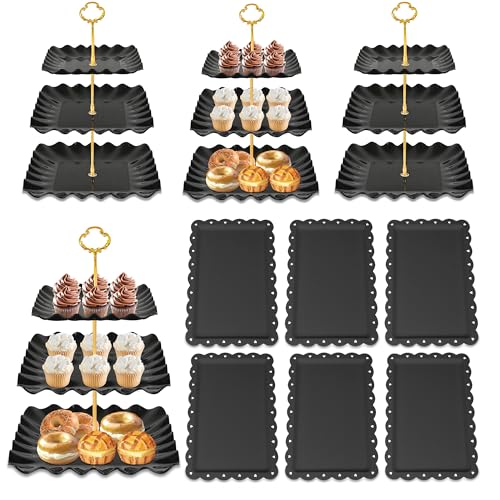 10 Pack Dessert Table Display Set - 4 x Three-Tier Square Cupcake Stands and 6 x Serving Trays, Elegant Tableware for Cakes, Cupcakes, Pastries, and Snacks, Perfect for Parties (Black) - color: Black