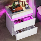 LIKIMIO Night Stand with Charging Station, Modern White Nightstand with LED Light and Drawers, Bedside Tables/End Table for Bedroom - color: White
