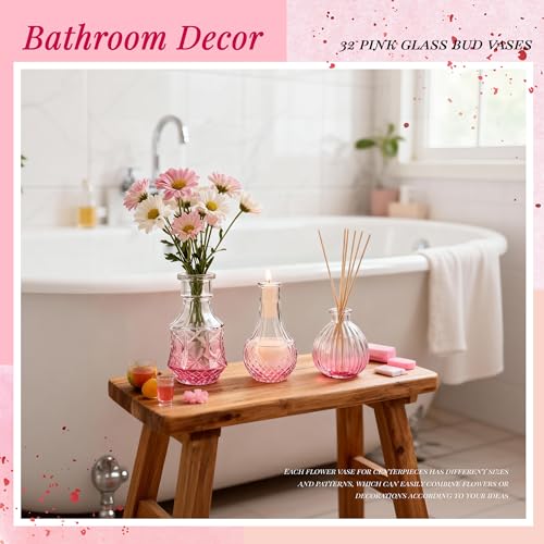 Der Rose Glass Bud Vases Set of 32 Small Pink Flower Vases for Rustic Wedding Centerpieces Table Decorations and Home Office Decor(Pink) - color: Pink