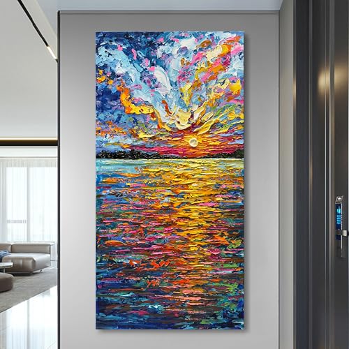 Art Hand-Painted Sea Sunrise Landscape Painting Modern Abstract Oil Painting Large Canvas Art Living Room Bedroom Corridor Wall Decoration Painting 48x24 inches - color: Yi066