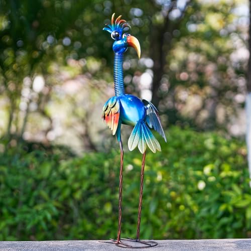 DREAMSOUL 30" Tall Bird Garden Statues Metal Standing Bird Outdoor Statues, 3D Funny Statue for Garden Patio Lawn - color: Blue