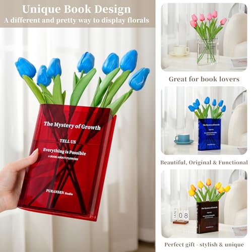 Puransen Red Book-Shaped Vase for Flowers - Aesthetic Room Decor for Modern Home/Office, Minimalist Shelf Organizer with Floral Display, for Book Lovers & Interior Design Enthusiasts - color: Transparent Red