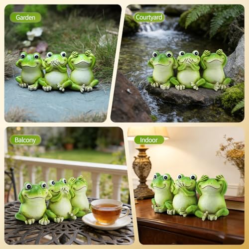 3 Frog Figurines - 7.9 Inch Funny Resin Frogs, Hear No Evil See No Evil Speak No Evil Statue, Whimsical Indoor/Outdoor Decor for Garden, Desk & Yard
