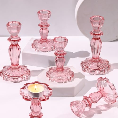Pink Candlestick Holders Set of 6, Taper Candle Holders, 4.3" H & 6.3" H Glass Candle Holder for Candlesticks & Pillar Candles, Candle Holder for Table Centerpieces, Wedding and Mother's Day - color: Pink