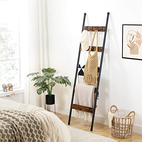 HOOBRO Blanket Ladder, 5-Tier Towel Rack with Hooks, Wall-Leaning Blanket Rack, Decorative Display Ladder Shelf, for Scarves, Industrial, Living Room, Bedroom, Rustic Brown and Black BF52CJ01 - color: Rustic Brown + Black, size: 17.3"L x 63"W