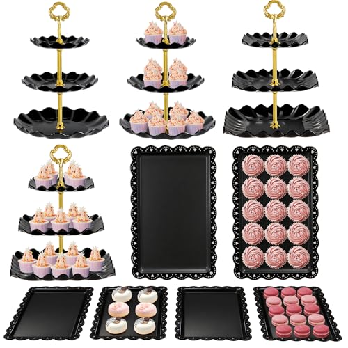 Kootek Dessert Cupcake Stand, 10pcs Dessert Table Display Set, 3 Tiered Cup Cake Holder Tower Stand Riser& Cookie Serving Trays for Wedding, Tea Party, Birthday, Baby Shower - color: Gold & Black, size: 10 Set