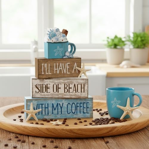 Lineshading 4 Pcs Summer Table Decorations Beach Coffee Bar Wooden Block Sign Blue Rustic Coastal Tiered Tray Decor with Coffee Cup Summer Centerpieces Decor for Beach Nautical Party Office Home - style: Beach