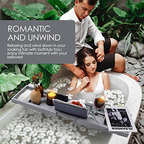 Foldable Bathtub Caddy Tray, Bamboo Bath Tub Tray Table for Tub with Wine Glass Holder Book Phone Tablet Holder with Extending Sides, Adjustable Bathroom Bathtub Free Soap Holder Gift Idea (Grey) - color: Gray