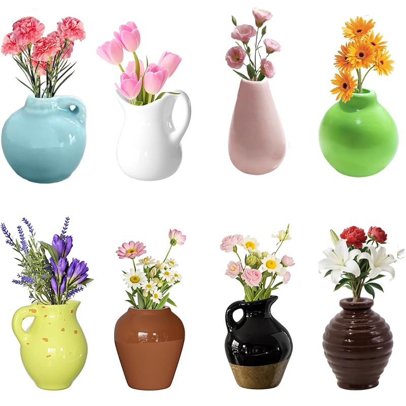 Mini Magnetic Vase,Miniature Magnet Ceramic Vase Decoration, Refrigerator Magnets Vases for Refrigerator Kitchen Locker Office(8pack)