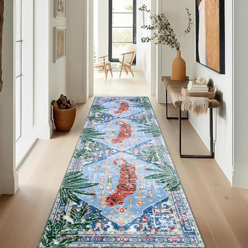 Oriental Tropical Hallway Runner Rug 2x8 Washable, Thin Stain Resistant Blue Boho Runner Rug for Entryway Kitchen Bedroom Laundry, Vintage Abstract Hippie Indian Botanical Long Floor Carpet - color: Blue, size: 2' x 8'