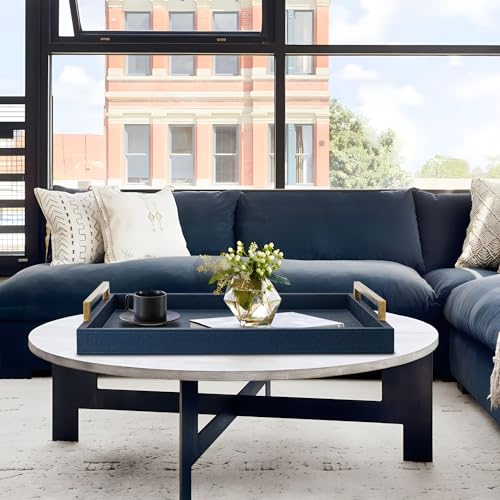 Large Navy Blue Decorative Tray for Ottoman,Stylish Rectangle Coffee Table Tray with Handles,Versatile Serving Tray for Living Room and Home Decor - color: Blue, size: 20" x 20" x 3"