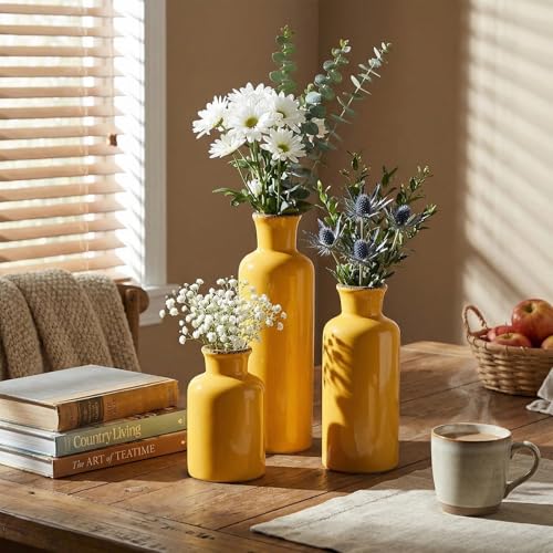 CwlwGO- Yellow Ceramic Vase Set,Modern Decorative Vases for Home Decor, Kitchen&Living Room Table Décor,Fireplace & Entrance centerpieces Decorations. - color: Yellow