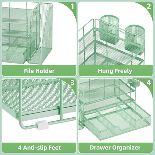 Marbrasse Desk Organizer and Accessories，4-Tier Paper Letter Tray Organizer with File Holder, Desk Accessories & Workspace Organizers with Drawer and 2 Pen Holder (Green, 15.4" x 9.1" x 8.3") - color: Green