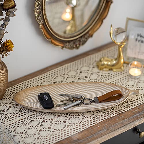 Hanobe Leaf Wooden Decorative Tray: Leaf Shaped Wood Key Tray Decor Plate Bowl for Crystal Candle - color: White Washed, size: 16.1" x 5.9" x 1.2"