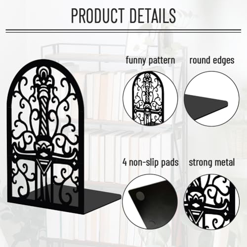 WADORN 1 Pair Magic Sword Metal Decorative Bookend for Shelves, Heavy Duty Book Ends Modern Non-Skid Books Holder Stand Black Book Support Stoppers for Desk Bookshelf Office Home, 5.3x4.3x7.8 Inch