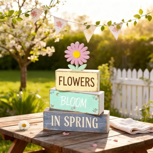 Spring Decoration Wooden Tiered Tray Decor – Daisy Flower Spring Stacked Block Sign – Farmhouse Tabletop Floral Spring Decor for Shelf Mantel Seasonal Home Display - style: Floral