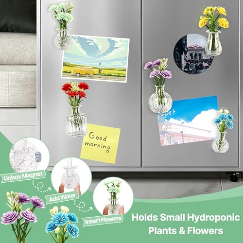 ZOYVUX Cute Mini Vase Magnets for Fridge, Tiny Plant Glass Vases with Flowers, Magnetic Refrigerator Decor for Kitchen, Office, Locker (5 Pack)