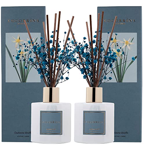 Cocorrína Premium Reed Diffuser Set with Preserved Baby's Breath & Cotton Stick Cashmere Vanilla 2 Packs, 6.7oz Scent Fragrance Oil Diffuser for Bedroom Bathroom Home Décor - size: 6.7 Ounce/2pack