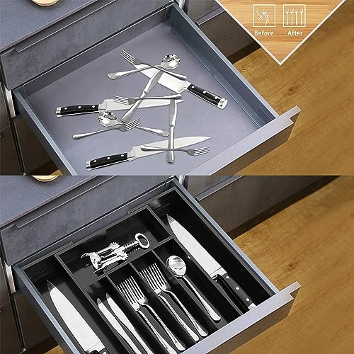 VaeFae Bamboo Drawer Organizer, Expandable Silverware Drawer Organizer, Cutlery Tray with Dividers for Kitchen Utensils (Black, Medium) - color: Black, size: Medium