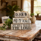 Yuntau 4 Pcs Farmhouse Christian Decor Farmhouse Bible Verse Tiered Tray Decor Rustic Retro Wood Bead Garland As for Me and My House We Will Serve The Lord Block Jesus Sign for Home Shelf Mantel - style: Bible Verse