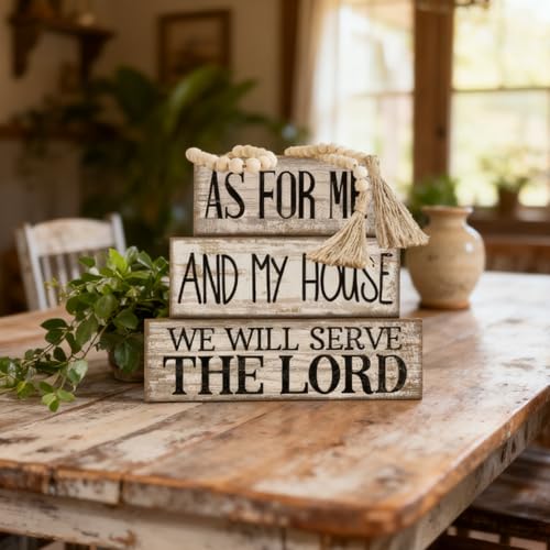 Yuntau 4 Pcs Farmhouse Christian Decor Farmhouse Bible Verse Tiered Tray Decor Rustic Retro Wood Bead Garland As for Me and My House We Will Serve The Lord Block Jesus Sign for Home Shelf Mantel - style: Bible Verse