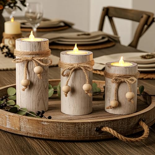 MelonBoat White Pillar Candle Holder:Farmhouse Candle Holders with Battery Operated Candles, Farmhouse Decor with Flameless LED Candles, Wood Centerpieces for Table 3-Pack for Holiday Party Home Decor