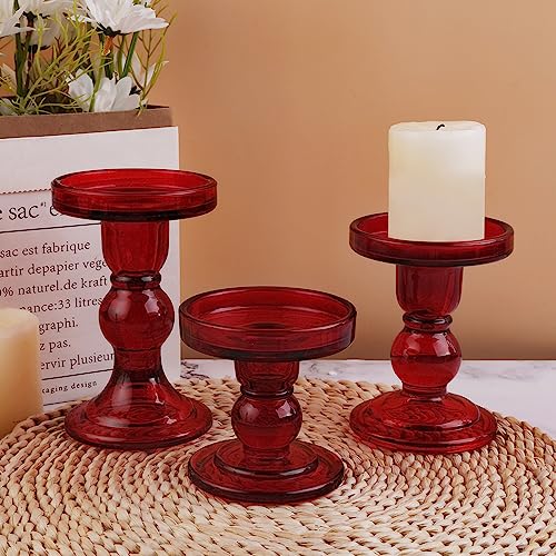6-Piece Set of Red Glass Candlestick, Crystal Candlestick Holder Holder and Conical Candle, Christmas Candle Holder Decoration, Family Living Room Wedding Candle Holder (red2sets) - color: Red2sets