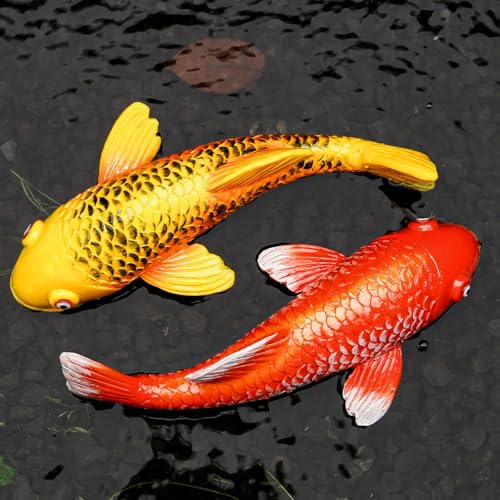 Set of 2 Koi Fish Garden Stakes, Red & Gold Resin Sculptures, Weatherproof Outdoor Patio Pond Decor, Feng Shui Yard Art, Easy Setup Gift(B&Y) - color: B&y
