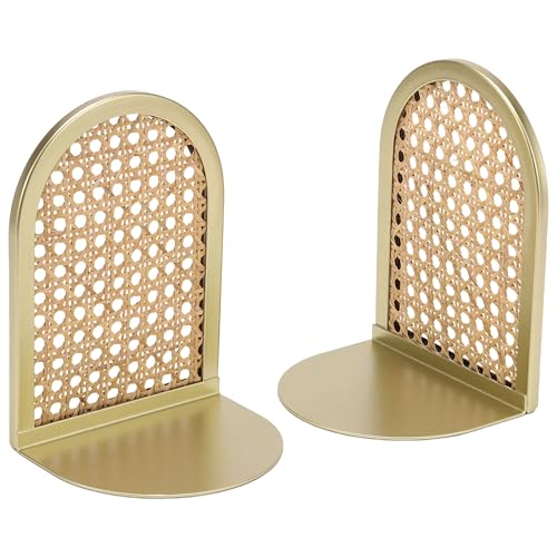 Home Decor Series Gold Natural Rattan Tabletop Bookends - Non-Skid Book Organizer for Home Office Shelf Bedroom Library Decor