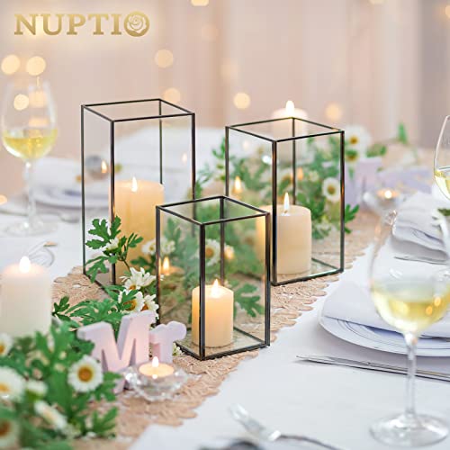 Nuptio Glass Hurricane Candle Holder for Pillar Candles 3 Pcs Black Metal Candle Holders Large Rectangular Candleholder Vase Centerpieces Decoration for Halloween Christmas Party 9.5 & 8.1 & 6.5 inch - color: Black, size: 9.5 & 8.1 & 6.5 inch H - 3 Pcs